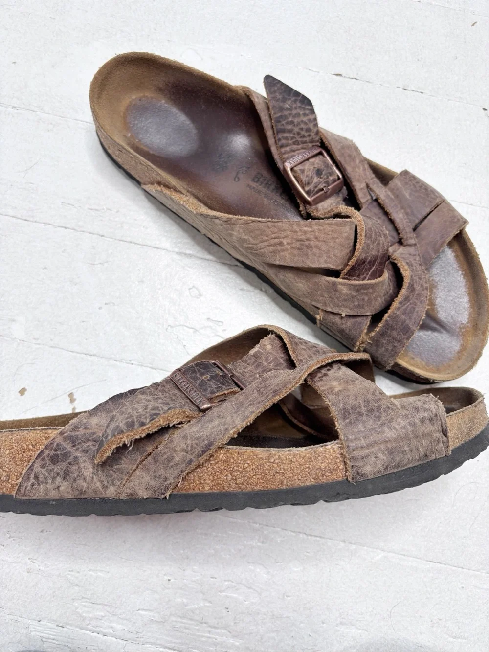 Birkenstock Lugano Rustic Oiled Leather Criss Cross Sandals Brown Size 45 Reg